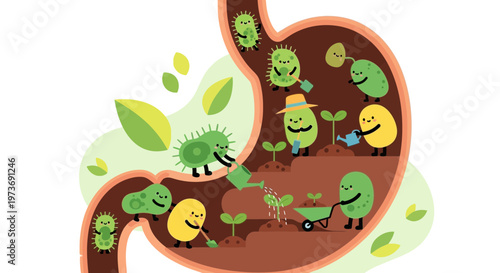 Healthy Gut Microbes Cultivating Sprouts Inside Stomach Illustration