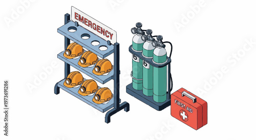 Emergency Safety Equipment Rack with Oxygen Tanks and First Aid Kit.