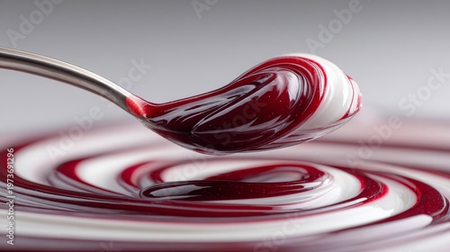 Close-up stainless spoon lifting glossy berry coulis swirled with cream forming red white swirl for dessert photography, menu branding, cookbook styling