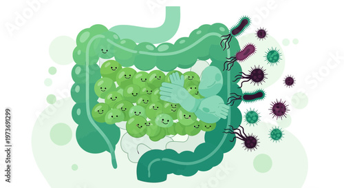 Healthy Gut Microbiome: Friendly Bacteria Thriving in Intestines vs. Harmful Microbes