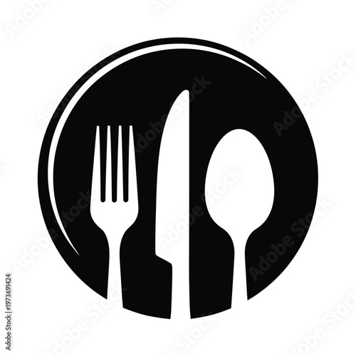 Black plate with fork knife and spoon icon utensils