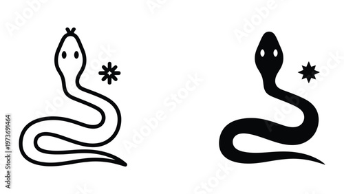 Contrasting depictions of snakes with star symbols in a minimalist black and white style
