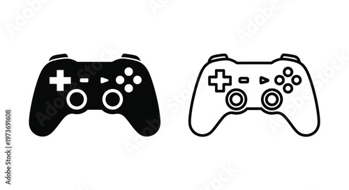 Two contrasting game controllers presented in a bold black and white silhouette