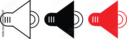Volume icon set. Sound and audio symbols. Speaker sign. Music and media player design. Sound level symbols. Volume sign. Multimedia and entertainment design
