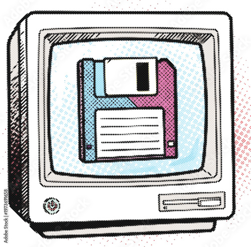 Retro pop art floppy diskette vector illustration for 80s retro tech icon