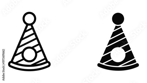 Two stylized party hats with different color schemes and head attachments