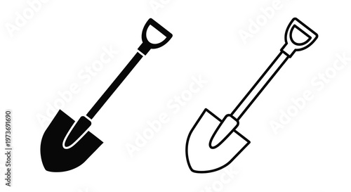 Two garden shovels are depicted in a simple minimalist black silhouette
