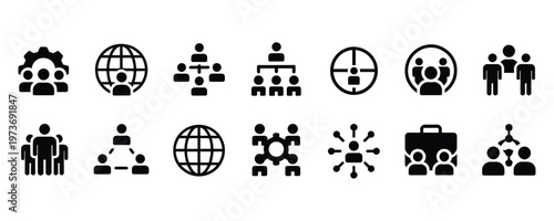 Green icons depicting business teamwork and communication concepts on white