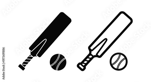 Cricket equipment including a bat and ball shown in dark outline silhouette