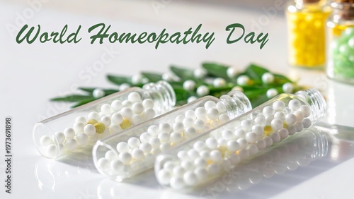 World homeopathy day concept with natural medicine and herbal background.