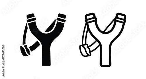 Two black slingshots one solid and one outlined depicted as a silhouette