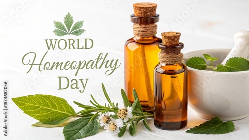 World homeopathy day concept with herbs, oils, and natural remedies.