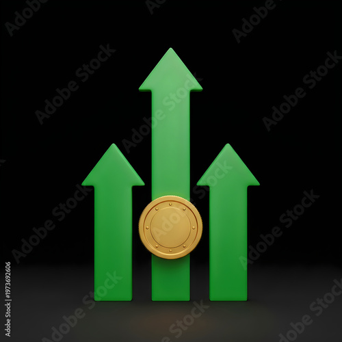 Green arrows, gold coin, growth chart, finance icon, business success symbol