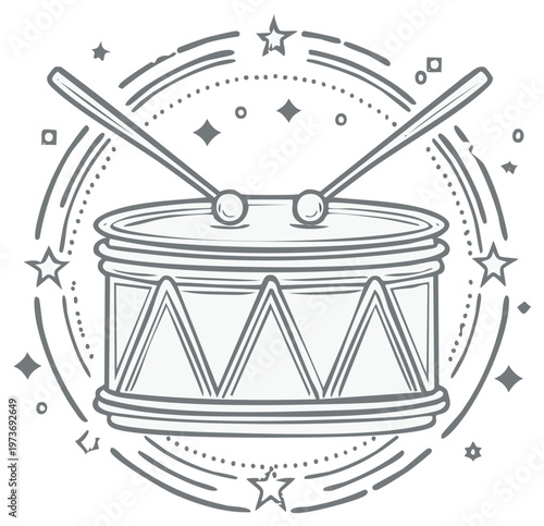 Line Art Illustration of a Snare Drum with Drumsticks and Festive Stars