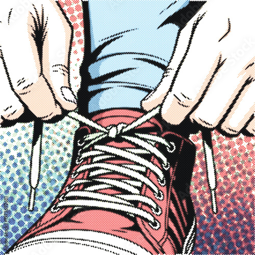 Tying shoelaces halftone comic style vector sticker icon shoes fashion sneaker isolated
