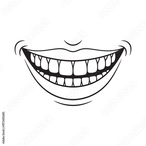 A black and white illustration of a wide grinning mouth with many teeth