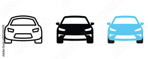 Three cars in different colors facing forward on white background