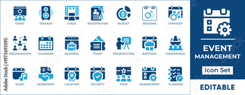 
Event management and planning vector icon set. Business conference, wedding, concert ticket, calendar, presentation and stage symbols.
