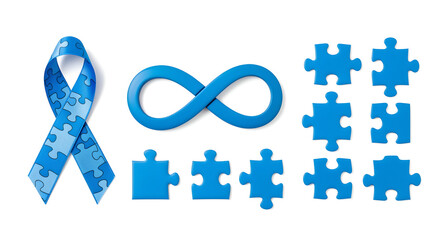 Autism awareness collection featuring blue puzzle pieces infinity symbol and patterned ribbon on white background.