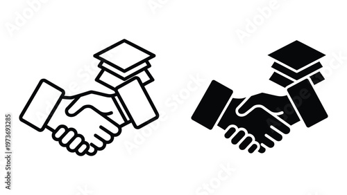 Handshake with graduation caps symbolizing academic collaboration and partnership