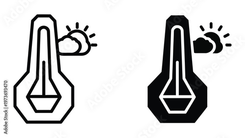 Thermometer readings indicating hot and cold weather conditions with sun and cloud icons