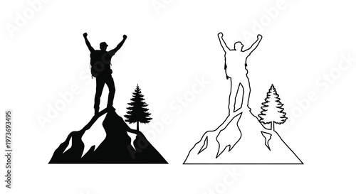Two victorious climbers reaching mountain peaks depicted as a striking silhouette