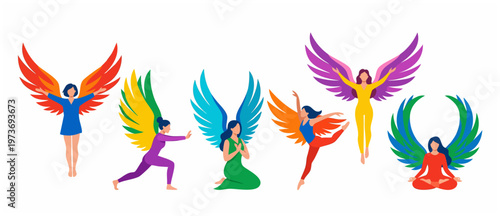 Women with colorful wings set, flat design collection of spiritual human figures in various poses, meditation, dance, and flying, conceptual vector illustration for peace, freedom, and empowerment.