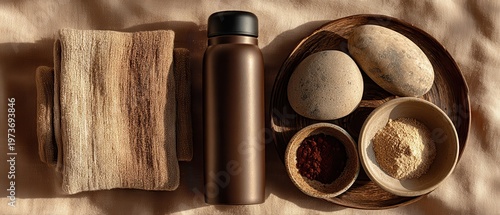 Hydration lifestyle flat lay photo with clean aesthetic in natural setting emphasizing wellness and refreshment