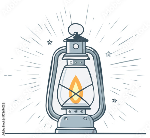Vintage kerosene lantern glowing with a warm flame and radiating light on a white background
