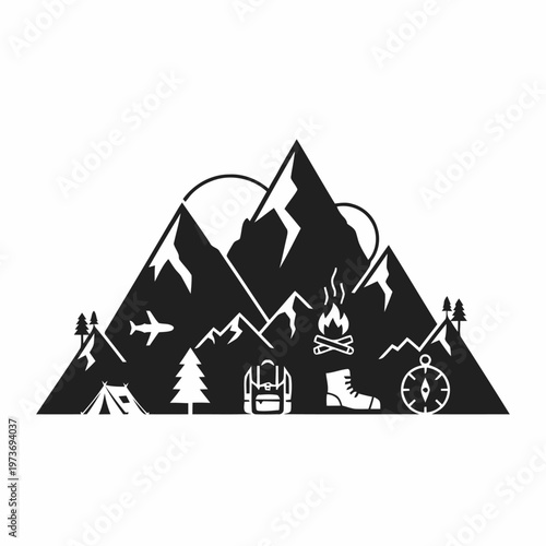 Картината върху платно Mountain Adventure Icons Set Featuring Camping Gear, Hiking Boots, Compass, and
