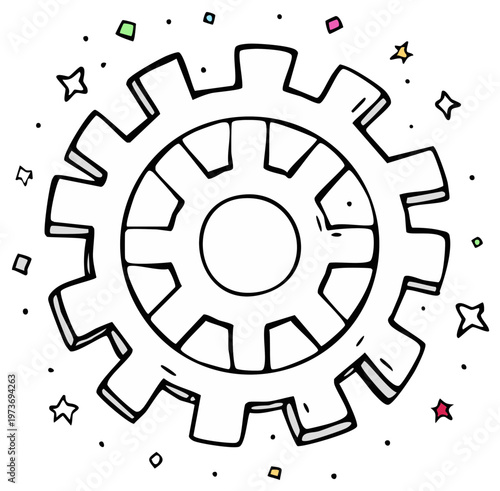 Cartoon Gear with Stars and Confetti Celebration