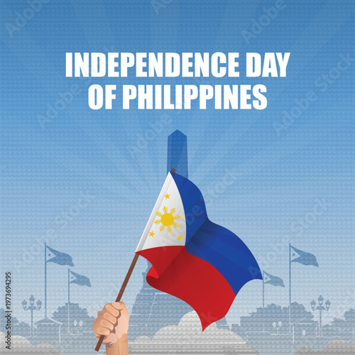 Philippines Independence Day celebration vector, hand holding Filipino flag against Rizal Park monument silhouette, national holiday poster