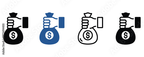 Four money bag icons in different colors on white background for finance concepts