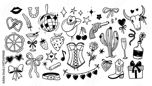 Cowgirl doodle. Western hat, rodeo lassos and disco ball, gun and cocktail, bull skull and cactus, rose and bow, corset for girls bachelorette party. Rodeo whimsical vector coquettish girly set