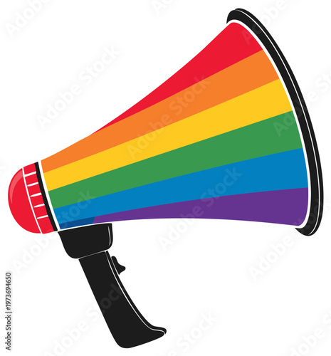 Rainbow colored megaphone, voice for equality and diversity, speaking out for rights, vector illustration