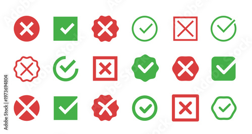 A set of green and red checkmark icons and crosses for approval and rejection on a white background for business and design use