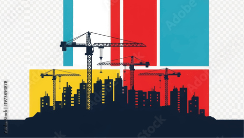 City Construction Skyline Silhouette Vector. Grunge Illustration of Urban Development, Real Estate Growth, and Tower Cranes.