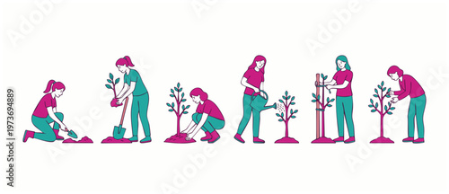Women planting trees set, step by step process for gardening and ecology. Vector illustration of volunteers working in nature, environmental conservation, sustainability, and planting saplings concept