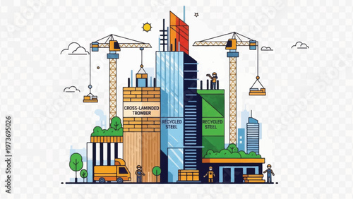 Modern City Construction Site Illustration: CLT Timber vs. Composite Steel Skyscrapers Development with Cranes and Workers.