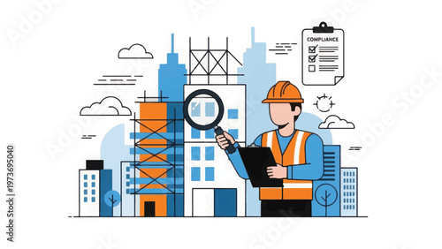 Construction Worker Inspecting Building Site with Magnifying Glass. Quality Control, Safety Audit, and Engineering Checklist Vector Illustration.