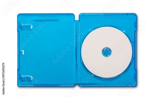 Canvastavla Open blue Blu-ray case with a blank white disc isolated on white background
