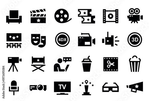 A set of black vector icons depicting various film and cinema related objects and symbols on a white background