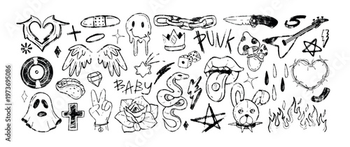 A collection of various tattoo designs and symbols in black and white illustration style for artistic and creative use