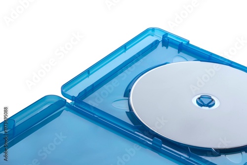 Konstfotografi Open blue Blu-ray case with a blank disc inside isolated on white background