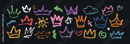 A colorful collection of hand-drawn crown icons in various styles and bright colors on a dark background for royalty and luxury concepts