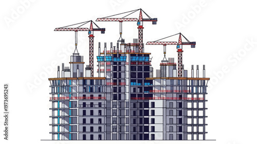 High-Rise Building Construction Site Vector Illustration. City Development Framework with Tower Cranes Isolated on White.