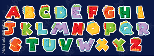 A colorful alphabet set of uppercase letters in a playful, childlike font with white outlines on a dark blue background for educational materials and kids' design projects