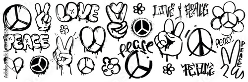 A collection of hand-drawn peace signs and love symbols in a graffiti style for design and artistic use