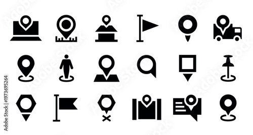 A set of black and white vector icons depicting various location and navigation symbols for use in digital applications and websites.