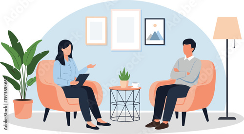 Therapy and Counseling Session Icons Featuring Two People in Discussion, Comfortable Seating, and Relaxed Office Setting for Mental Health, Therapy, and Counseling Designs